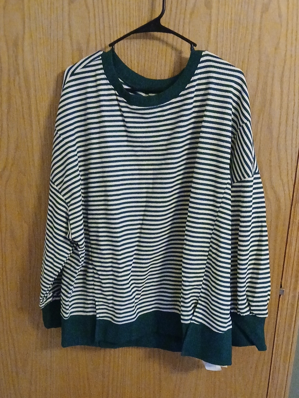 Striped Long-Sleeve Crewneck Sweatshirt In Black and White with Dark Green Trim